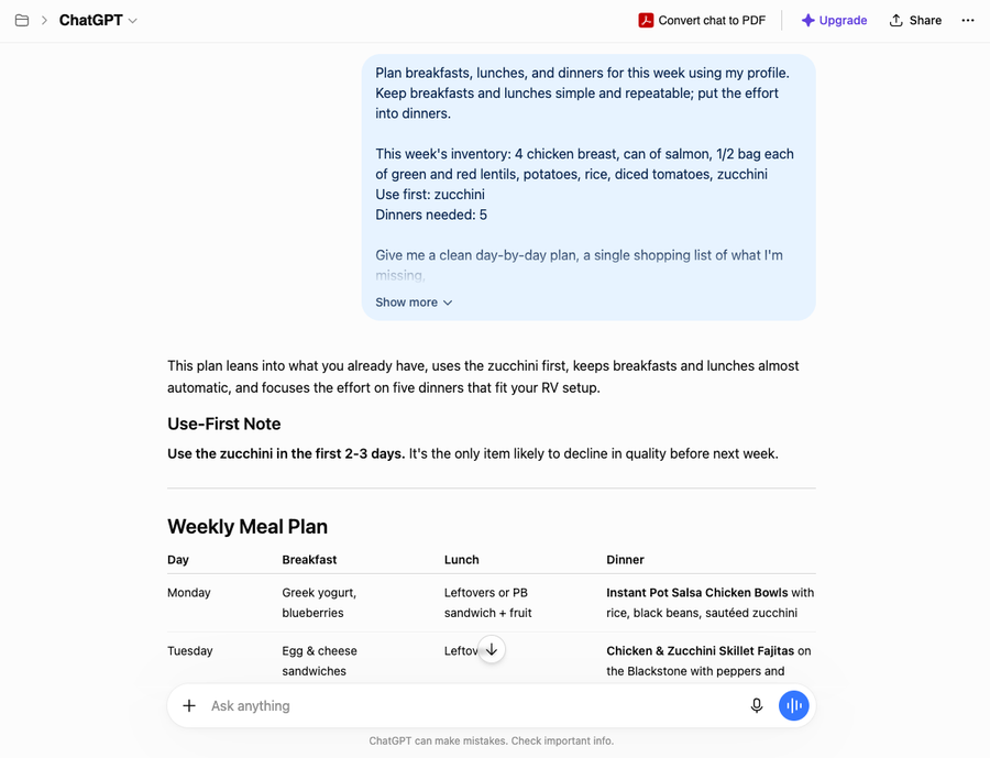 A KitchenFlow weekly planning prompt and AI response in ChatGPT
